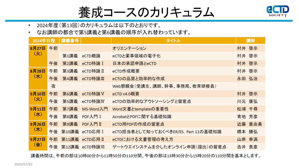 2024年第13回eCTD担当者教育コースカリキュラム